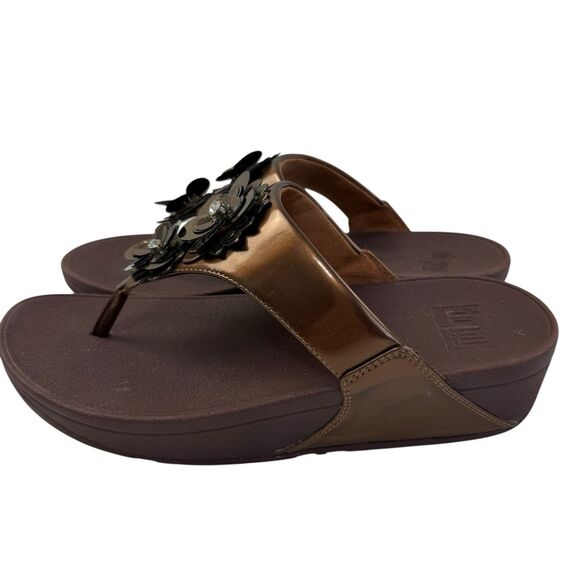 FitFlop Lulu Flower Patent Bronze Brown Thong Flip Flops Sandals Size 9 Shoes - Picture 3 of 10
